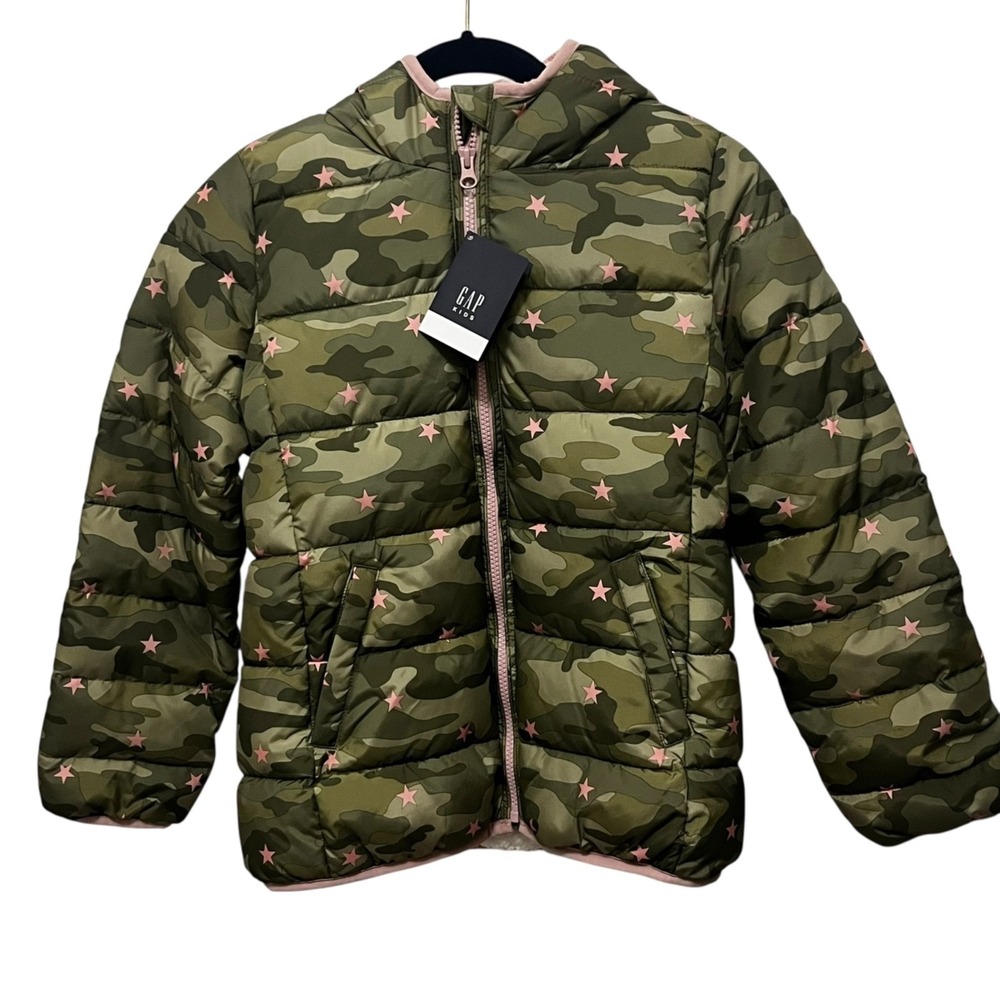 NWT Gap Kids Hooded Puffer Jacket Coat‎ Girls Large Primaloft Camo Pink Stars